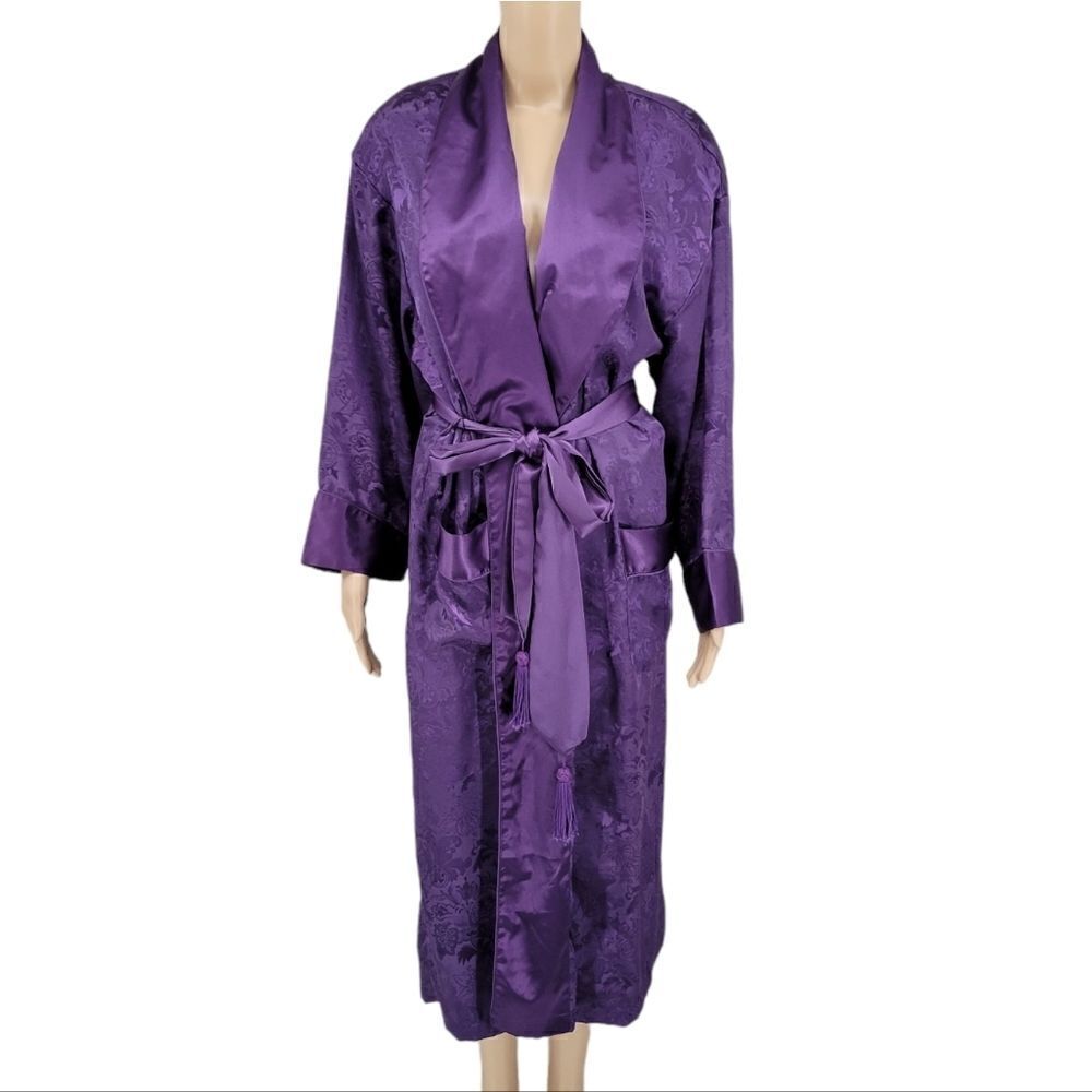Victoria's Secret Gold Label Robe Purple Satin Floral Jacquard Tassel Ties Vtg